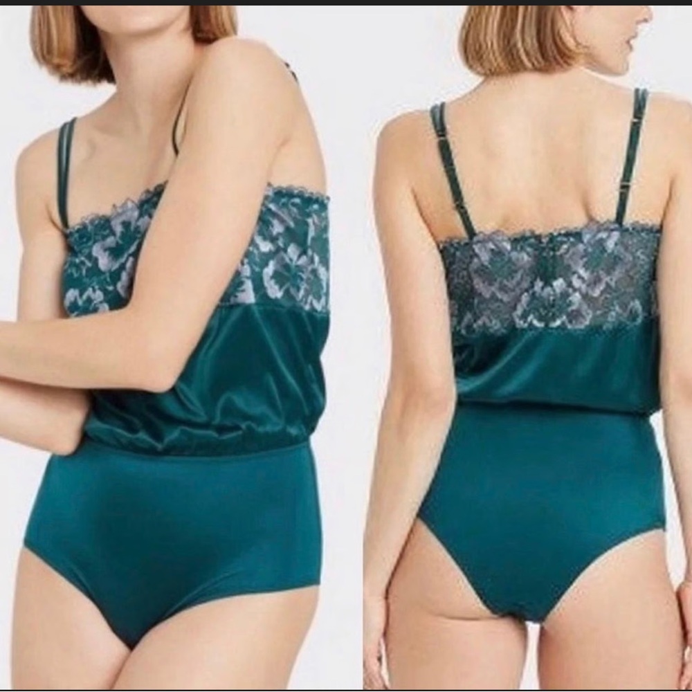 Auden Teal Satin & Lace lingerie Bodysuit NWT L